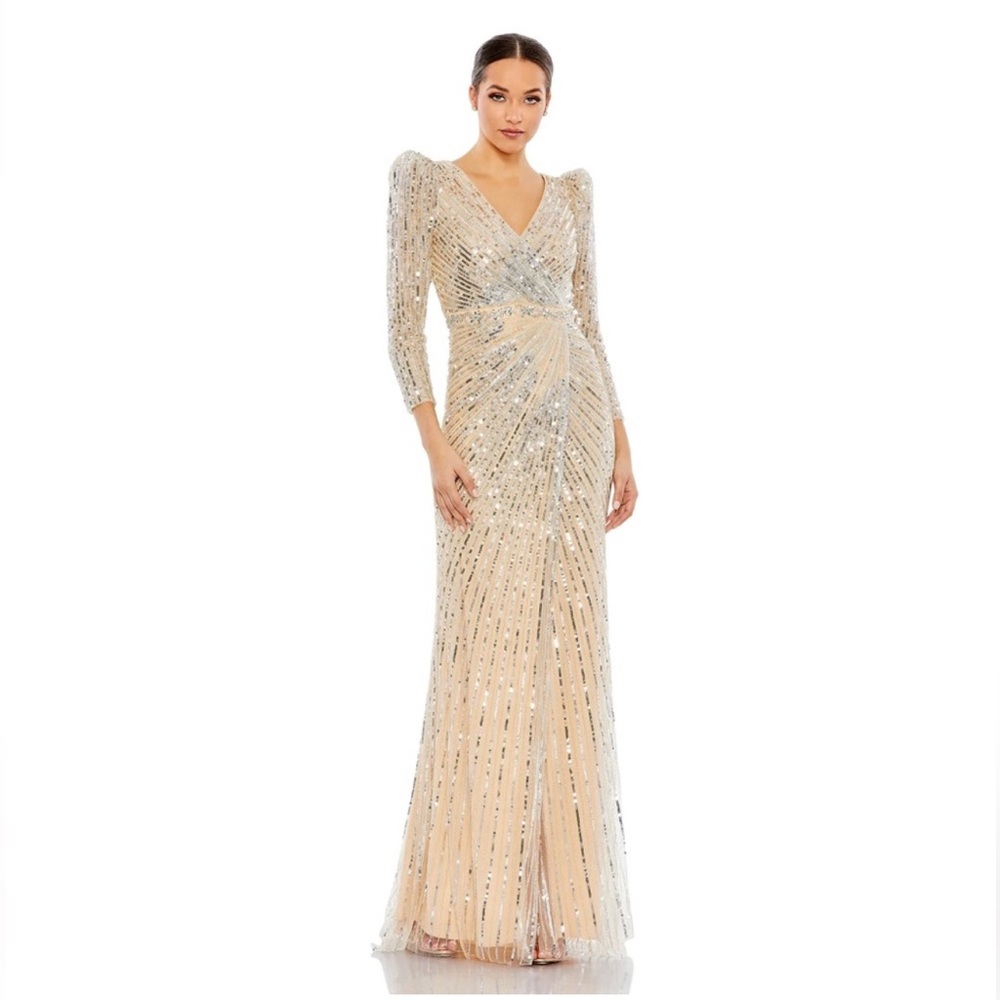 NWT Mac Duggal Sequined Vneck Puff Sleeve‎ Gown 41024 Nude Silver Size 16